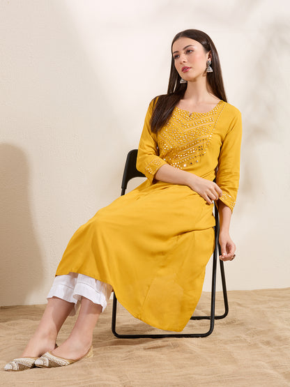 Solid Mirror Embroidered A-Line Flared Kurta - Yellow