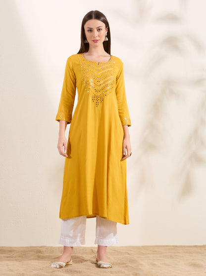 Solid Mirror Embroidered A-Line Flared Kurta - Yellow