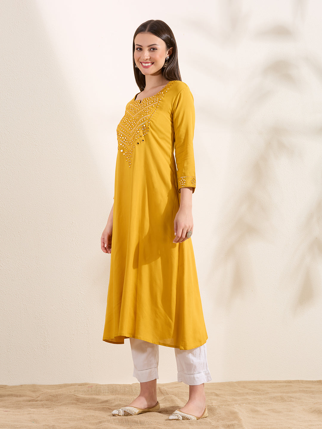 Solid Mirror Embroidered A-Line Flared Kurta - Yellow