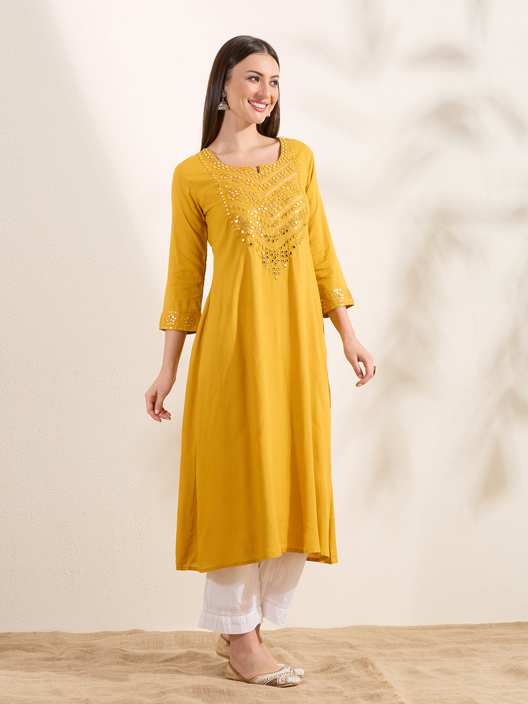 Solid Mirror Embroidered A-Line Flared Kurta - Yellow
