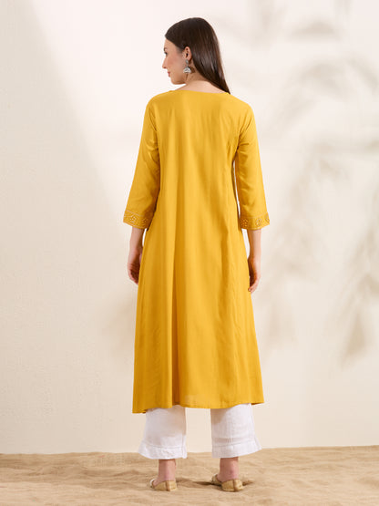 Solid Mirror Embroidered A-Line Flared Kurta - Yellow