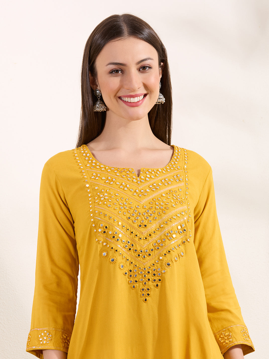 Solid Mirror Embroidered A-Line Flared Kurta - Yellow
