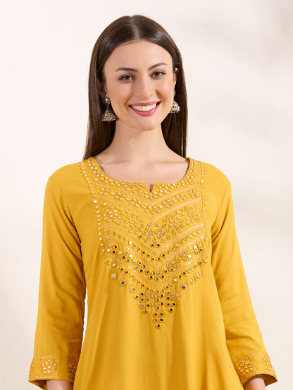 Solid Mirror Embroidered A-Line Flared Kurta - Yellow