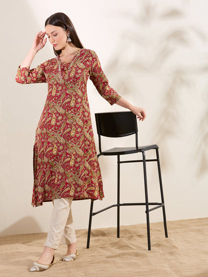 Ethnic Floral Printed A-Line Flared Kurta - Red