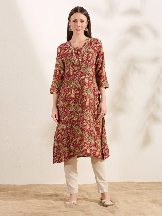 Ethnic Floral Printed A-Line Flared Kurta - Red