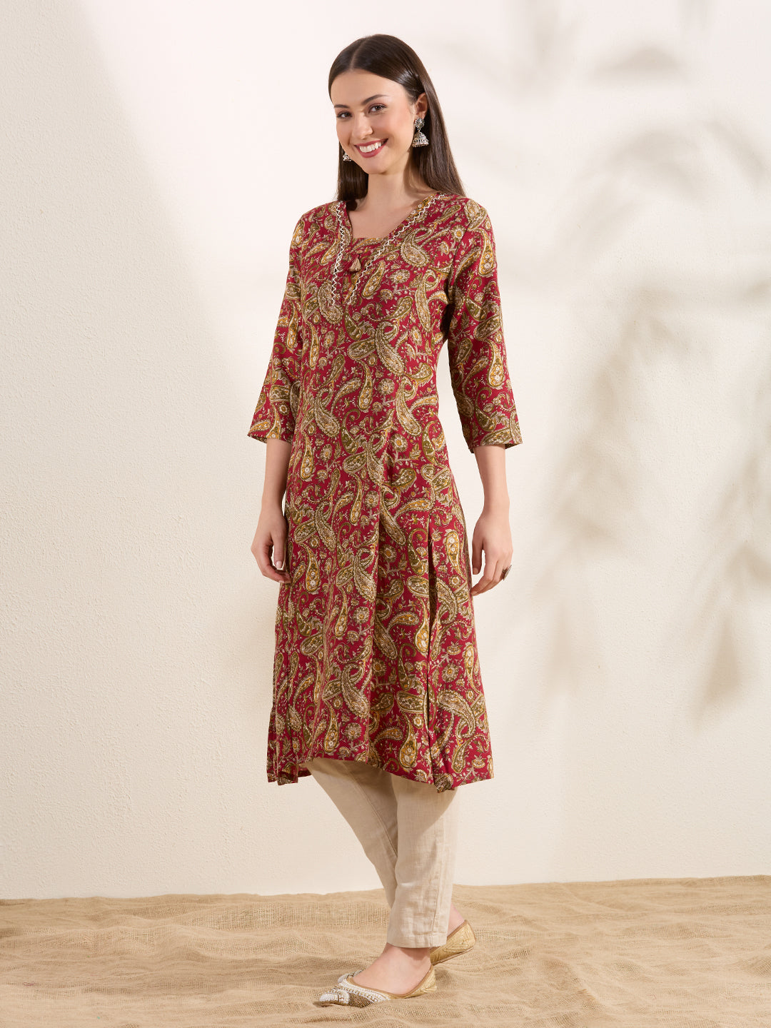 Ethnic Floral Printed A-Line Flared Kurta - Red