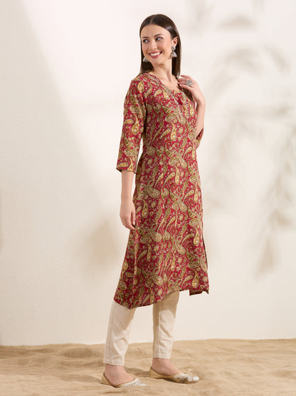 Ethnic Floral Printed A-Line Flared Kurta - Red