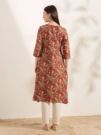 Ethnic Floral Printed A-Line Flared Kurta - Red