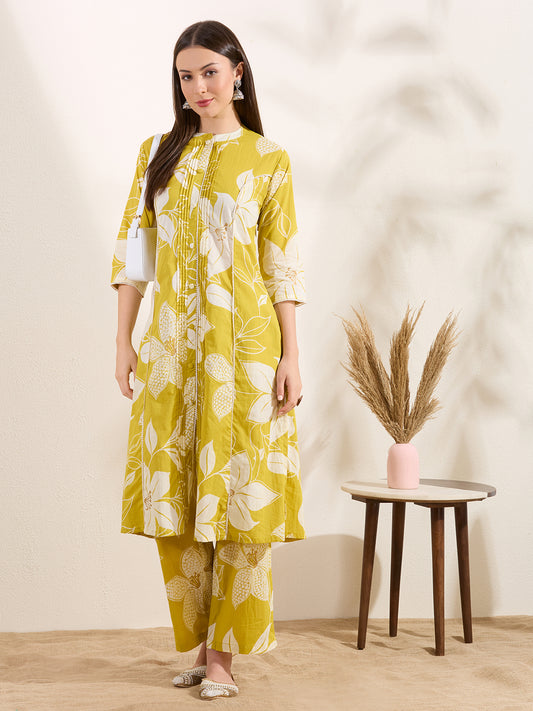 Abstract Floral Printed A-Line Paneled Kurta with Palazzo - Mustard
