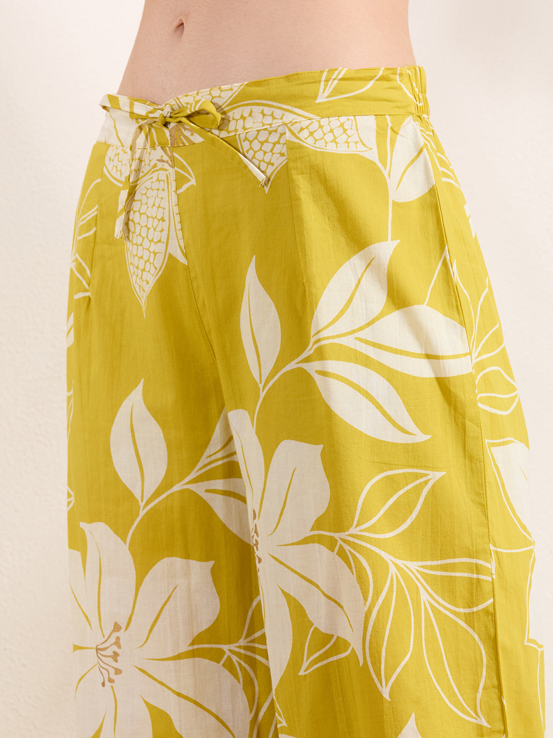 Abstract Floral Printed A-Line Paneled Kurta with Palazzo - Mustard