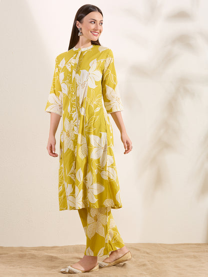 Abstract Floral Printed A-Line Paneled Kurta with Palazzo - Mustard