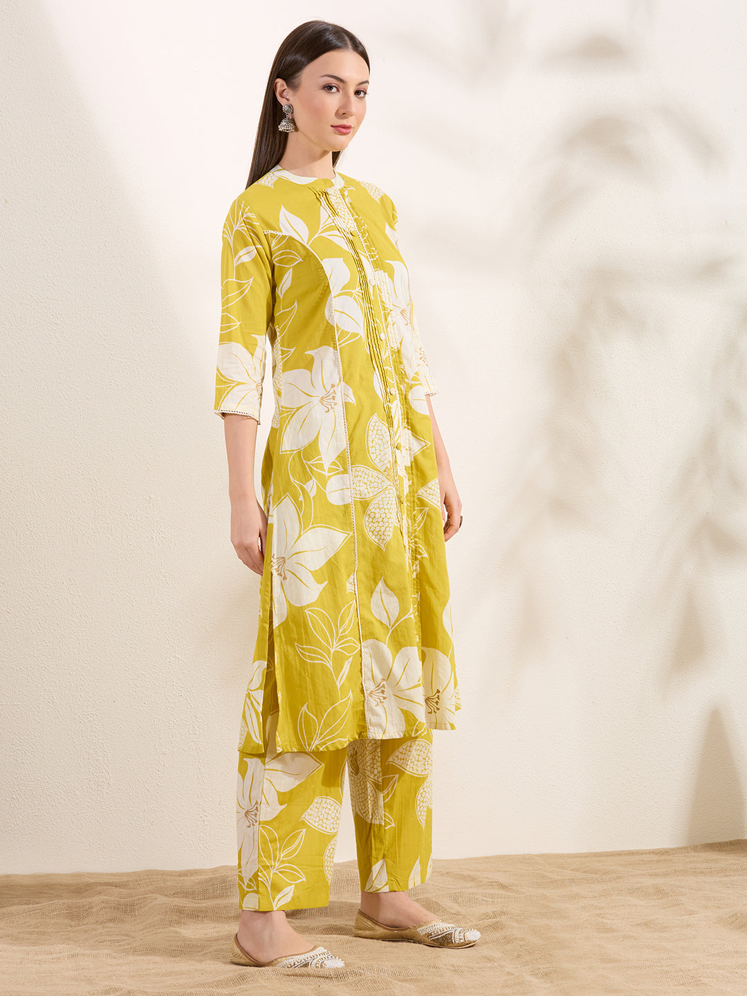 Abstract Floral Printed A-Line Paneled Kurta with Palazzo - Mustard