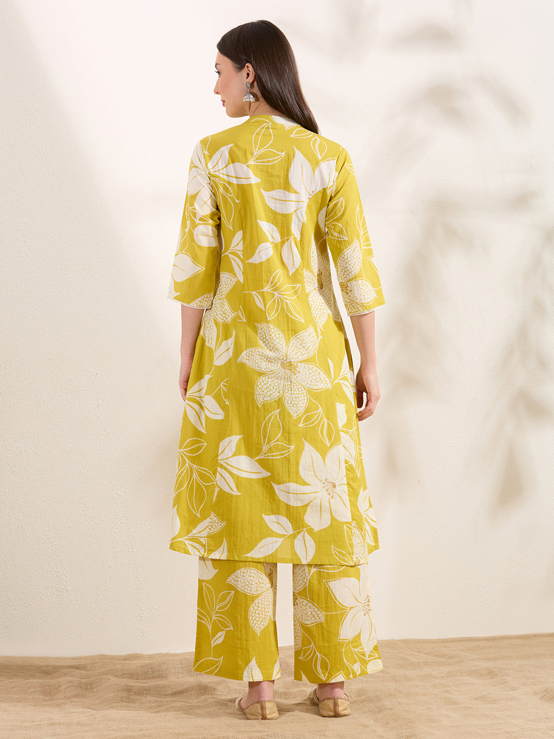 Abstract Floral Printed A-Line Paneled Kurta with Palazzo - Mustard