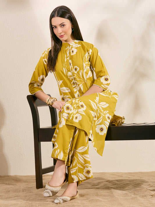 Abstract Floral Printed A-Line Paneled Kurta with Palazzo - Mustard