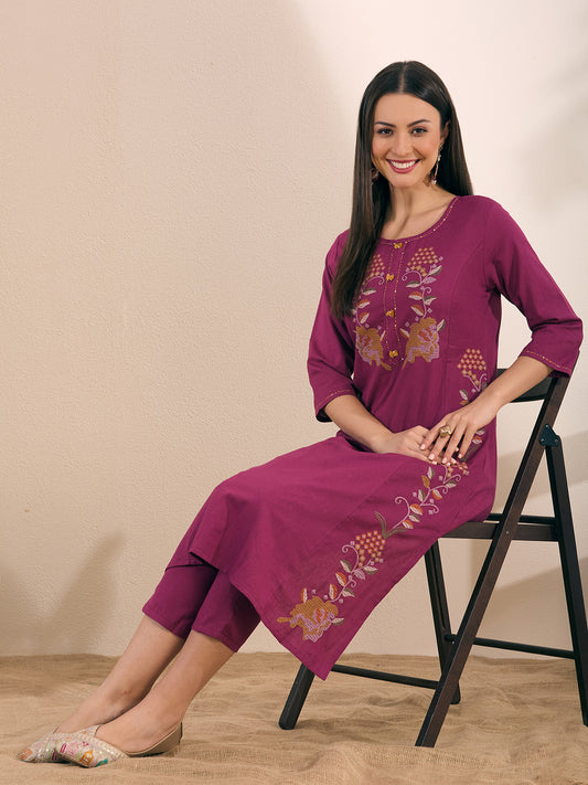 Floral Thread Cross Stitch Embroidered A-Line Co-ord Set - Burgundy
