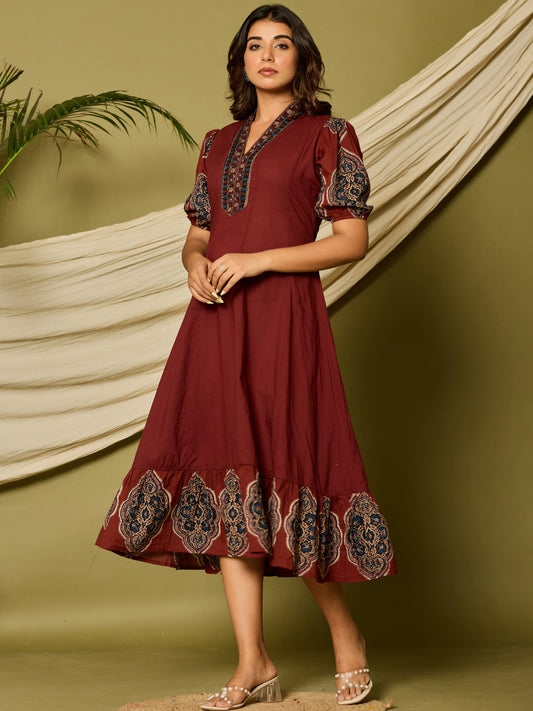 Ethnic Printed A-Line Paneled Flared Midi Dress - Maroon