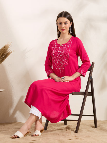 Solid Mirror Work Embroidered Straight Fit Kurta - Pink