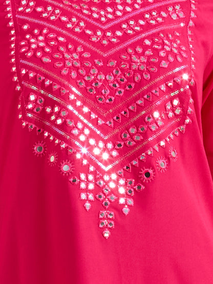 Solid Mirror Work Embroidered Straight Fit Kurta - Pink