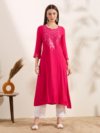 Solid Mirror Work Embroidered Straight Fit Kurta - Pink
