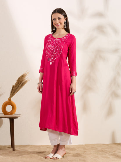 Solid Mirror Work Embroidered Straight Fit Kurta - Pink