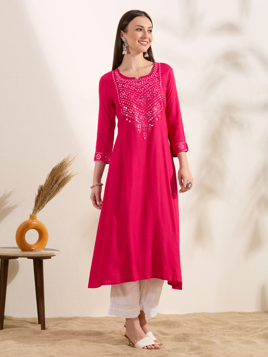Solid Mirror Work Embroidered Straight Fit Kurta - Pink