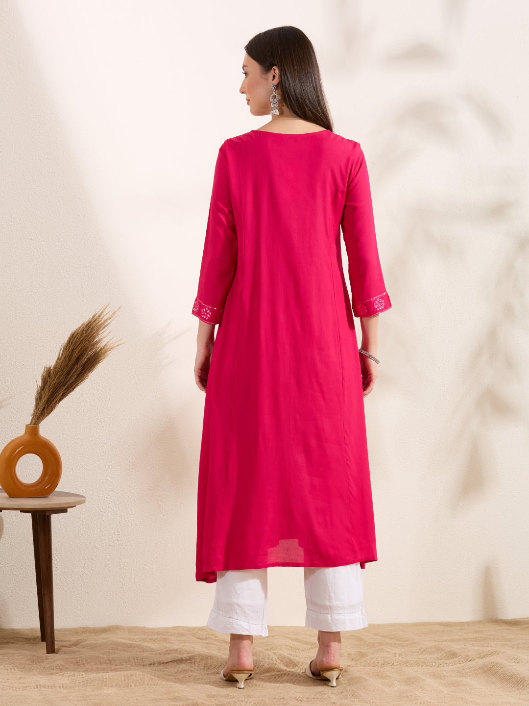 Solid Mirror Work Embroidered Straight Fit Kurta - Pink