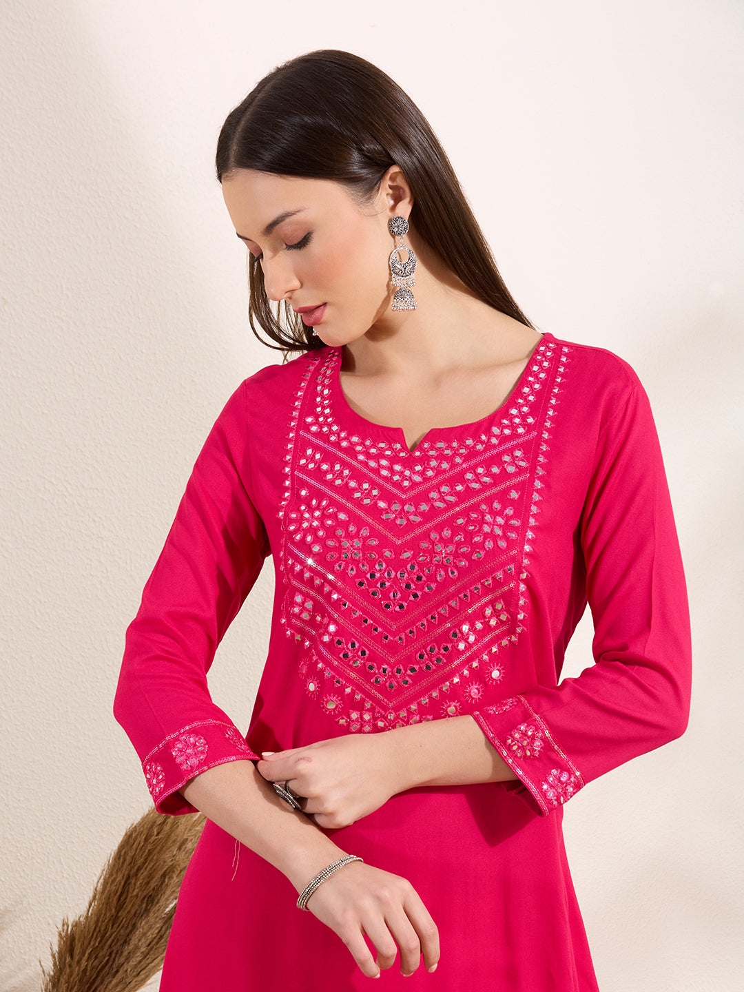 Solid Mirror Work Embroidered Straight Fit Kurta - Pink