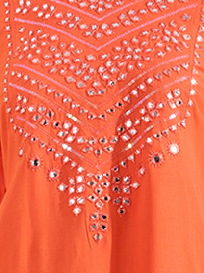 Solid Mirror Embroidered A-Line Flared Kurta - Orange