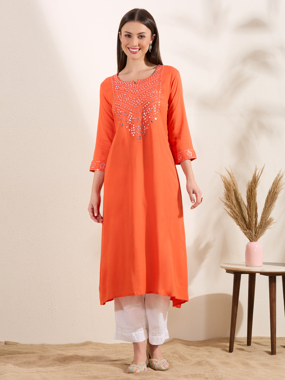 Solid Mirror Embroidered A-Line Flared Kurta - Orange