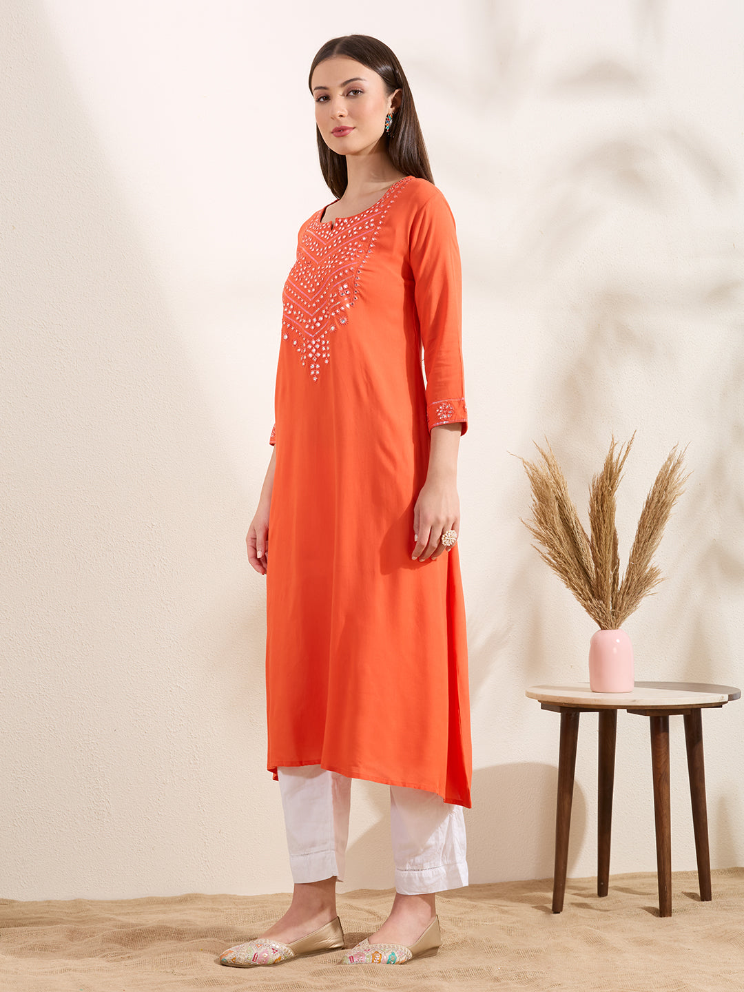 Solid Mirror Embroidered A-Line Flared Kurta - Orange