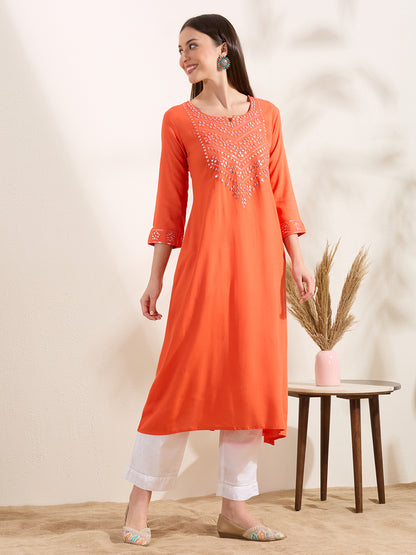 Solid Mirror Embroidered A-Line Flared Kurta - Orange