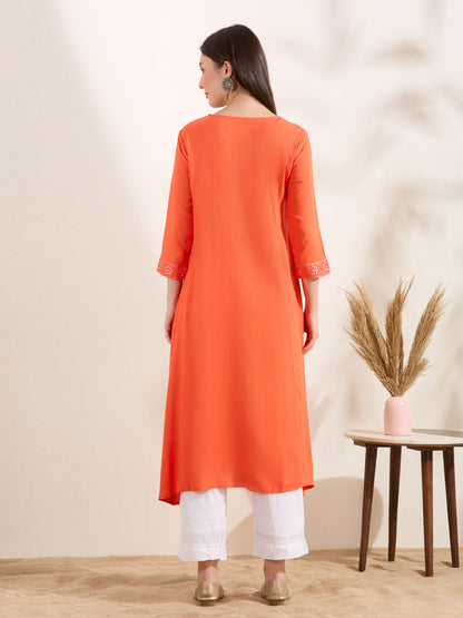Solid Mirror Embroidered A-Line Flared Kurta - Orange