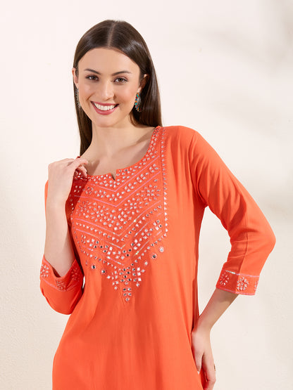 Solid Mirror Embroidered A-Line Flared Kurta - Orange