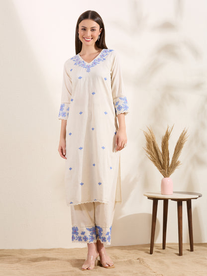 Solid Floral Embroidered Straight Fit Co-ord Set - Off White