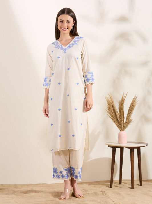 Solid Floral Embroidered Straight Fit Co-ord Set - Off White