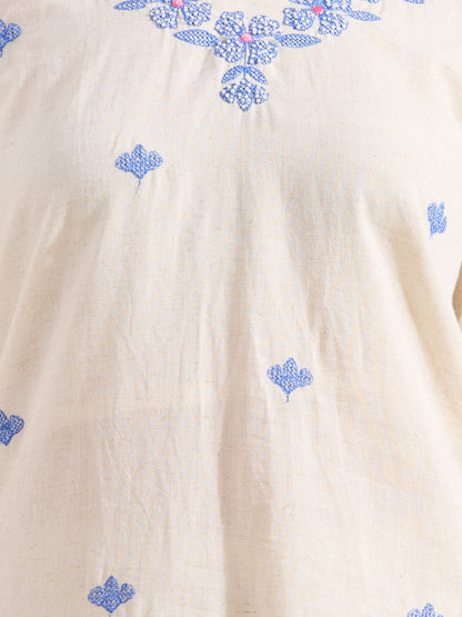 Solid Floral Embroidered Straight Fit Co-ord Set - Off White