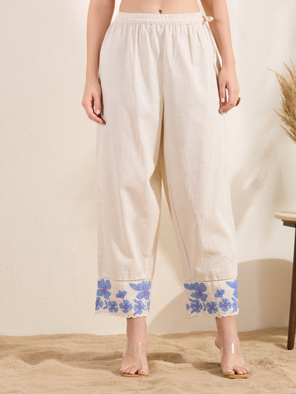 Solid Floral Embroidered Straight Fit Co-ord Set - Off White