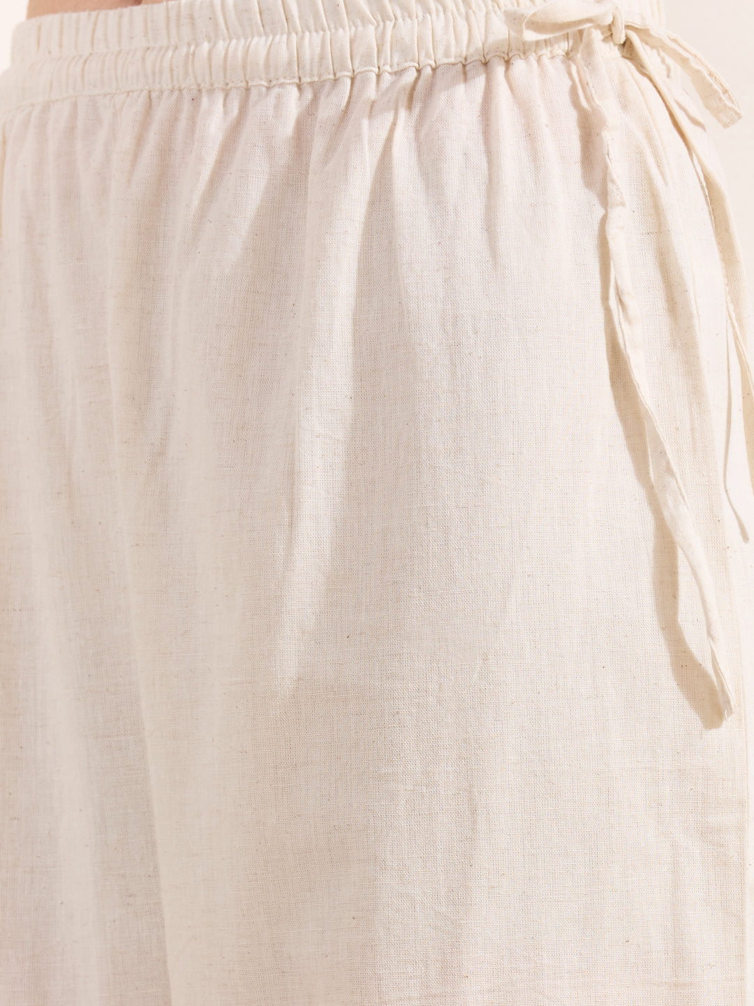 Solid Floral Embroidered Straight Fit Co-ord Set - Off White