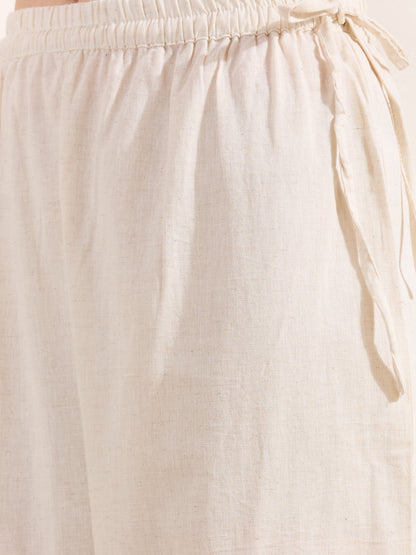 Solid Floral Embroidered Straight Fit Co-ord Set - Off White