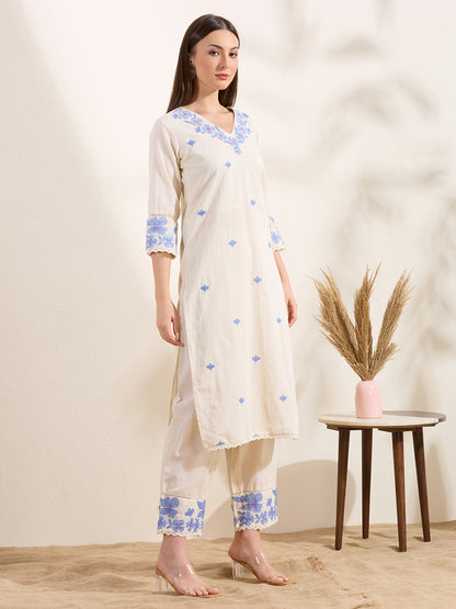 Solid Floral Embroidered Straight Fit Co-ord Set - Off White