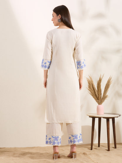 Solid Floral Embroidered Straight Fit Co-ord Set - Off White