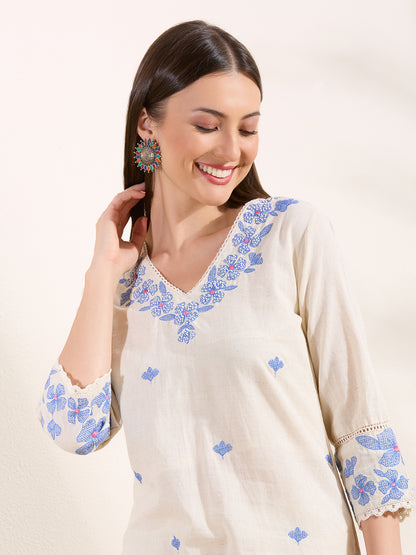 Solid Floral Embroidered Straight Fit Co-ord Set - Off White