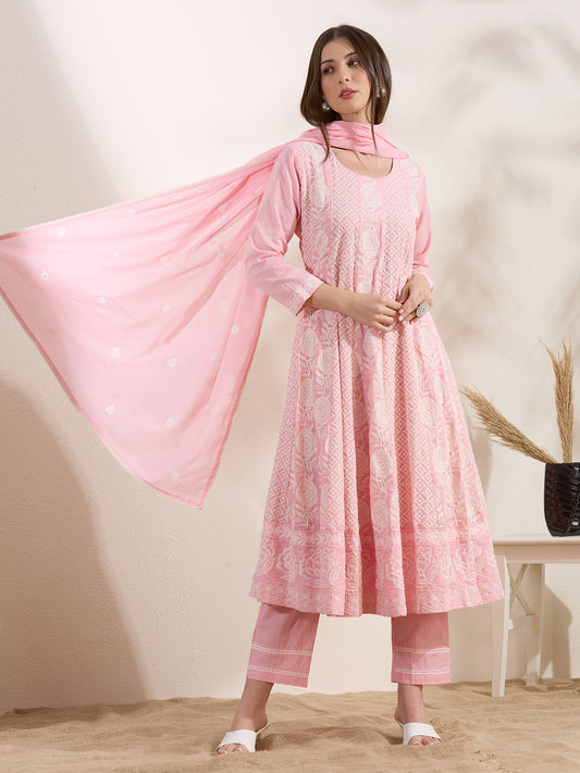 Solid Floral Embroidered Anarkali Flared Kurta with Pant &am Dupatta - Pink