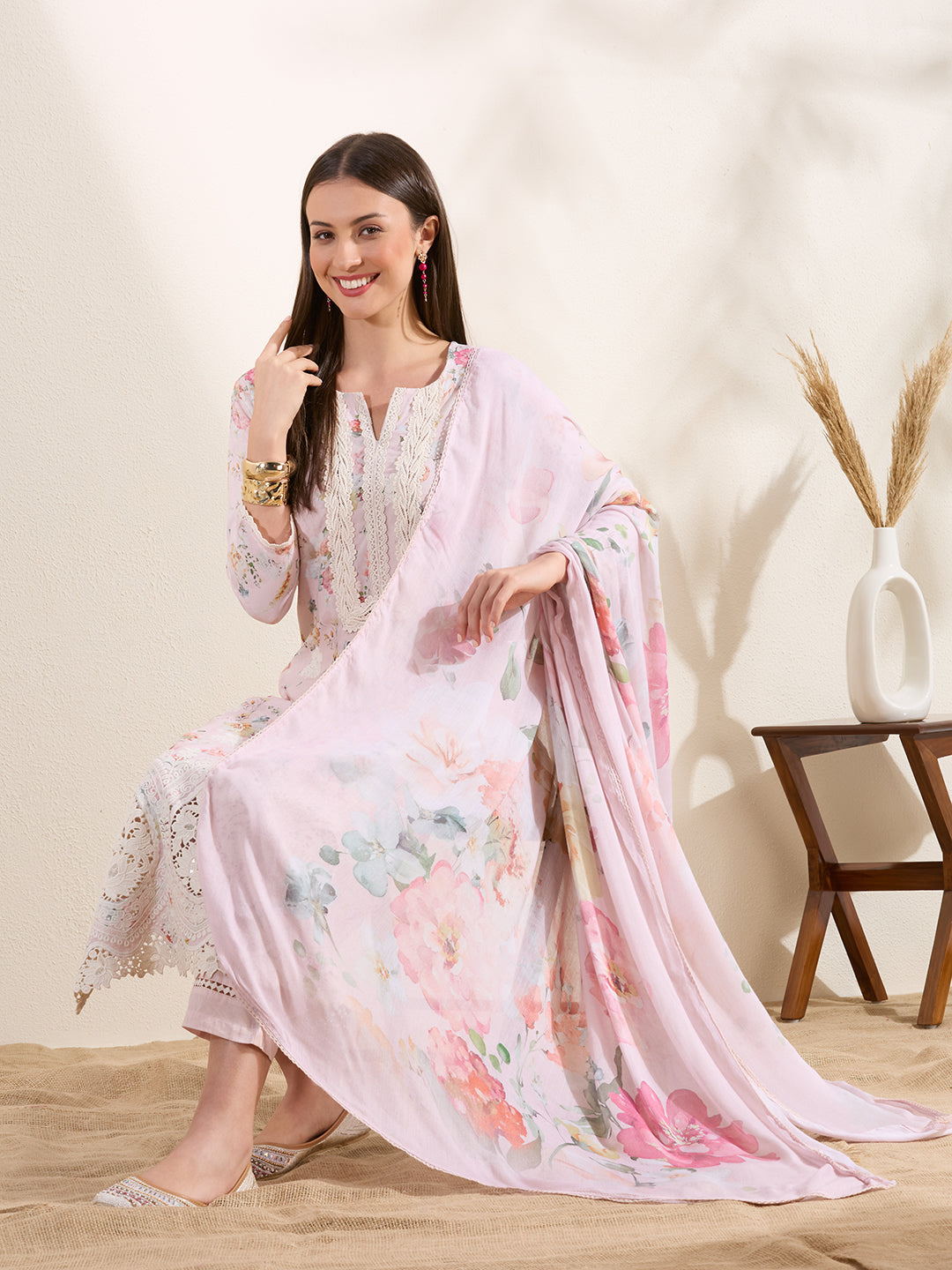 Floral Printed Embroidered Straight Fit Kurta with Pant and Dupatta - Powder Pink