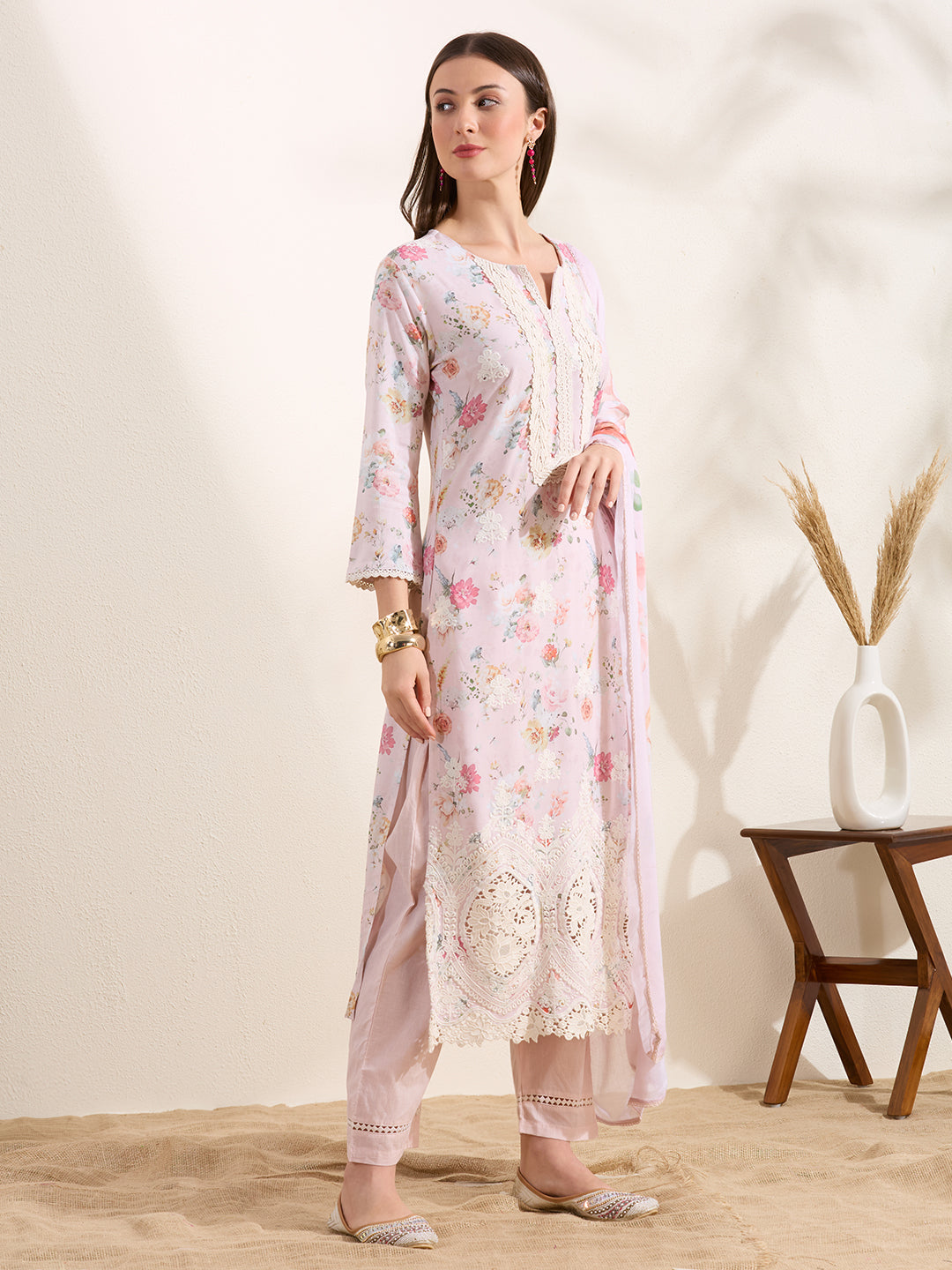 Floral Printed Embroidered Straight Fit Kurta with Pant and Dupatta - Powder Pink