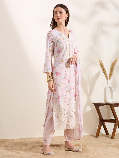 Floral Printed Embroidered Straight Fit Kurta with Pant and Dupatta - Powder Pink