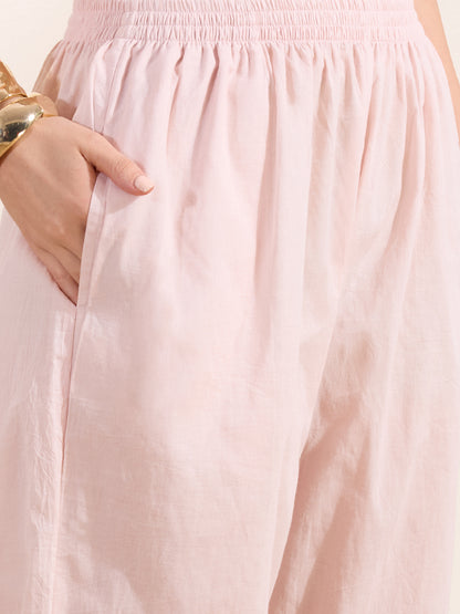Floral Printed Embroidered Straight Fit Kurta with Pant and Dupatta - Powder Pink