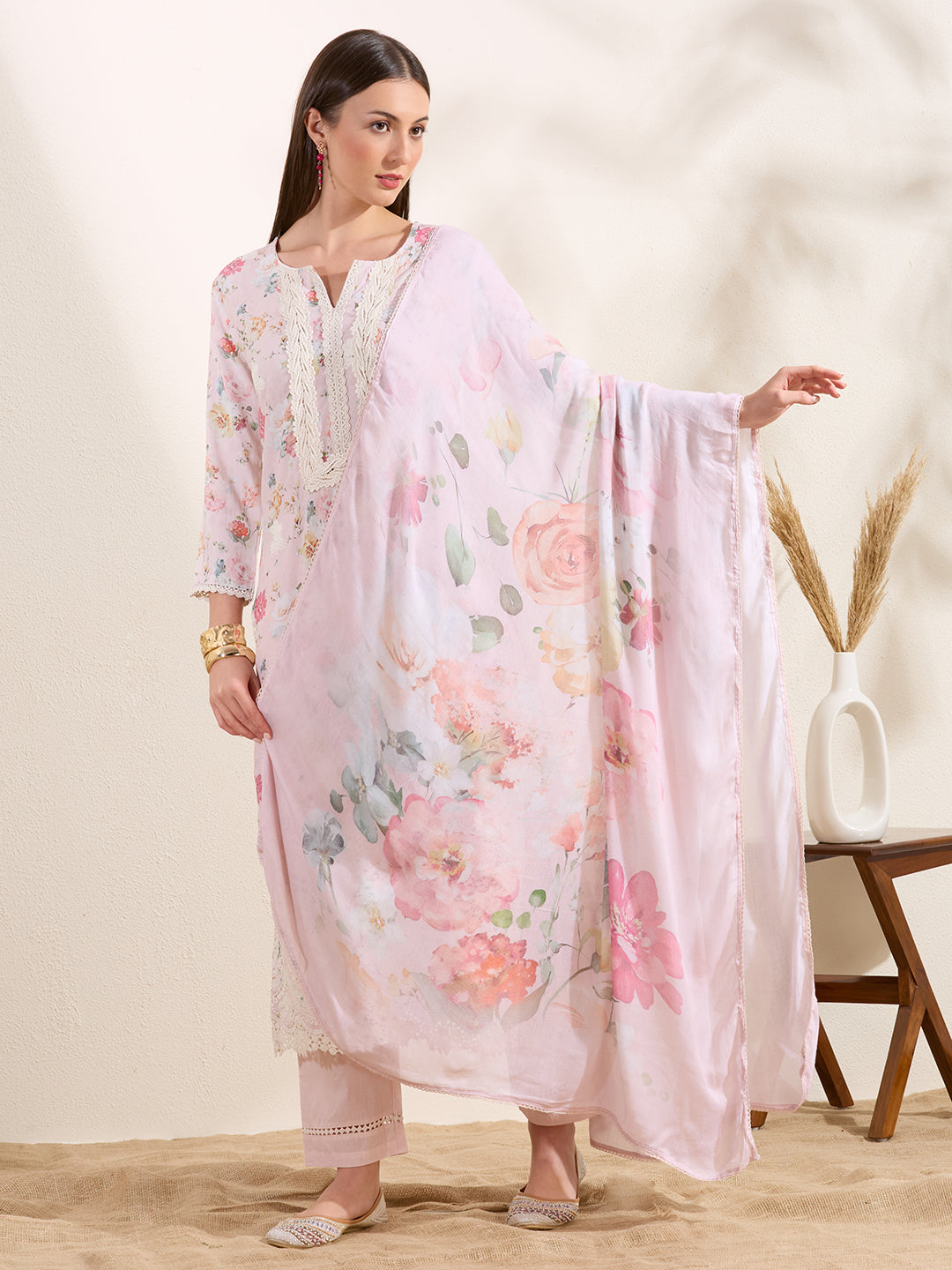 Floral Printed Embroidered Straight Fit Kurta with Pant and Dupatta - Powder Pink