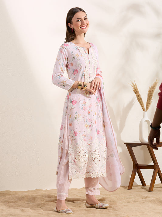 Floral Printed Embroidered Straight Fit Kurta with Pant and Dupatta - Powder Pink