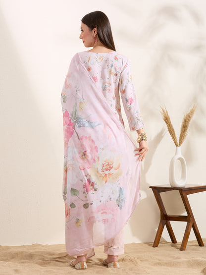 Floral Printed Embroidered Straight Fit Kurta with Pant and Dupatta - Powder Pink